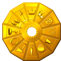 a golden circle with various symbols on it including a crown and a horseshoe