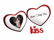a couple of hearts that say kiss and have a picture of a man