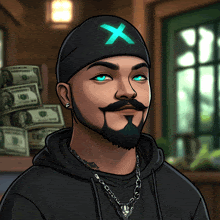 a man with a beard wearing a black hoodie and a hat with a green x on it