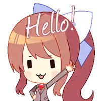 a cartoon girl with a blue bow on her head is saying hello