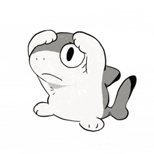 a black and white drawing of a shark covering its eyes with its paws