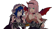 a couple of anime girls standing next to each other with the words halloween behind them