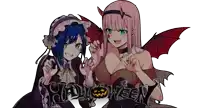 a couple of anime girls standing next to each other with the words halloween behind them