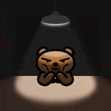 a cartoon teddy bear is sitting in a dark room