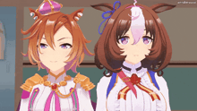 a couple of anime characters standing next to each other with a watermark that says annaberu