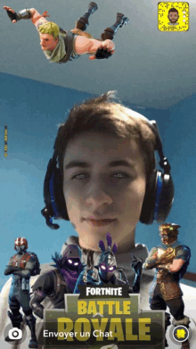 a boy wearing headphones and a fortnite battle royale advertisement