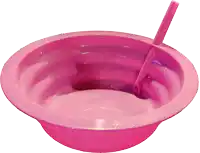 a pink bowl with a spoon and straw in it