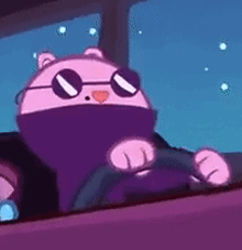 a purple cat wearing sunglasses is driving a car at night .