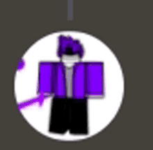 a cartoon character in a purple shirt and black pants is in a circle .