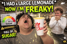 a man is holding a cup of chick-fil-a lemonade in front of a warning sign
