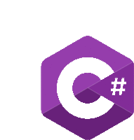 a purple hexagon with a white c and # on it