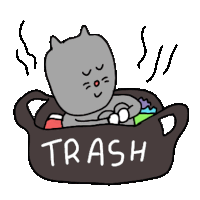 a cartoon cat is laying in a pot with the word trash written on it