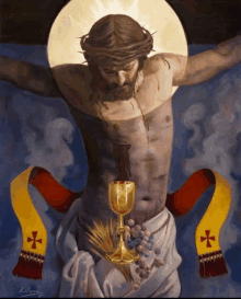 a painting of jesus on the cross with a chalice of wine and a stole with a cross on it