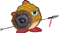 a pixel art drawing of a fish with a shield and spear