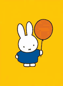 a cartoon bunny is holding a red balloon on a yellow background .