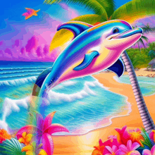 a colorful dolphin jumping out of the water on a beach