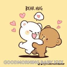 a cartoon of two teddy bears hugging each other with the words " good morning baby xxx " on the bottom