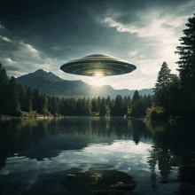 a ufo is flying over a lake in the mountains