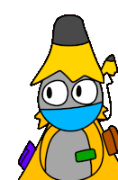 a cartoon character with a yellow hat and a blue mask