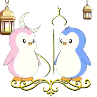 a pink and blue penguin are hugging each other