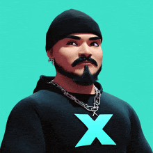 a man with a beard is wearing a black hoodie with a blue x on it