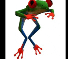 a frog with red eyes and blue legs is standing on its hind legs .