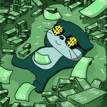 a cartoon otter wearing sunglasses is laying on a pile of money
