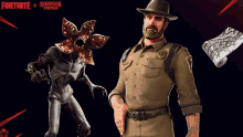 a man in a sheriff 's uniform stands next to a monster with a flower in its mouth ..