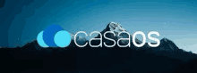 the casaos logo is displayed in front of a snow covered mountain .