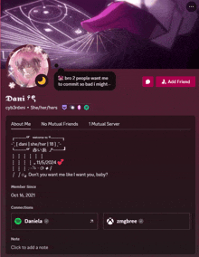 a screenshot of dani 's facebook page shows a purple background