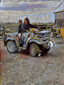 a painting of a woman and a boy riding a four wheeler