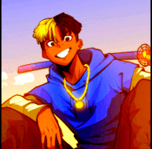 a cartoon of a man wearing a blue hoodie and gold chain