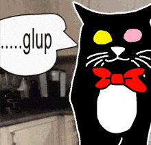 a drawing of a black cat with a red bow tie and a speech bubble that says glup