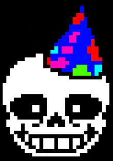 a pixel art drawing of a skull wearing a party hat .