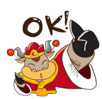 a cartoon drawing of a bull wearing a crown and a robe with the word ok above it