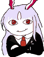 a pixel art drawing of a girl with bunny ears and red eyes wearing a suit and tie .