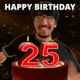 a man is celebrating his 25th birthday by blowing out candles on a cake