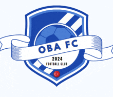 a blue and white shield with a soccer ball and a ribbon that says ' oba fc 2024 football club '