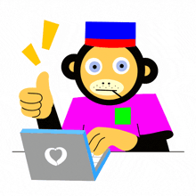 a cartoon monkey is giving a thumbs up while sitting in front of a laptop