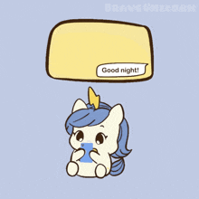 a cartoon unicorn says good night and you too