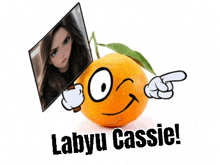 a cartoon orange with a face and a picture of a girl behind it says labyu cassie