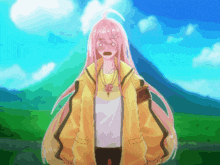 a pixel art drawing of a girl with pink hair wearing a yellow jacket