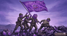 a group of soldiers holding a purple pepe flag