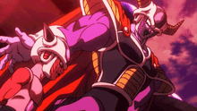 a purple and red cartoon character with horns and a sword