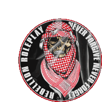 a sticker with a skull wearing a keffiyeh and the words " never forgive never forget "