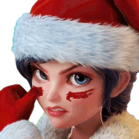 a girl wearing a santa hat and gloves has red paint on her forehead