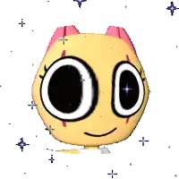 a cartoon character with big eyes and a pink bow on its head