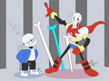 a cartoon drawing of sans and papyrus standing next to each other with papyrus holding a sword