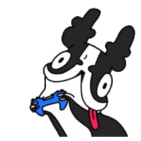 a black and white cartoon character is licking a controller