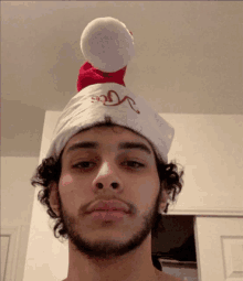 a man with curly hair wears a santa hat with the word vice on it